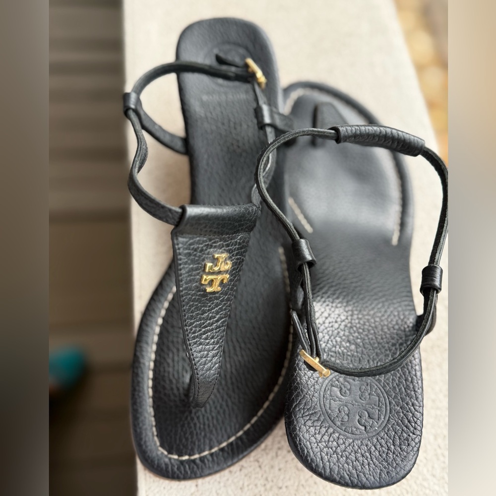 Tory Burch Black Sandals with Gold Accents